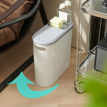 Slim Bathroom Trash Can with Press Top Lids, 2.1 Gallon White Small Trash Can for RV Inside, Plastic Narrow Garbage Can, Rectangular Waste Basket Trash Bin for Bathroom, Bedroom, Office, Kitchen