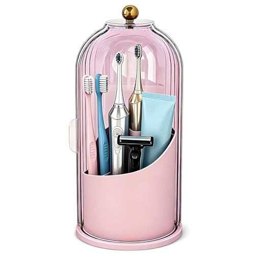 JEESA Dustproof Toothbrush Holder with Cover, Pink | 360° Rotating, 180° Sliding Lid, 3 Slots, Toothbrush Organizer, for Bathroom Countertop - color: Pink