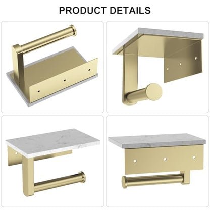 Brushed Gold Toilet Paper Holder with Marble Shelf Tissue Roll Holder | 304 Stainless Steel Wall Mounted Toilet Paper Roll Holder Screw-Mounted Tissue Holder for Bathroom Washroom by BATHLAVISH - color: Brushed Gold