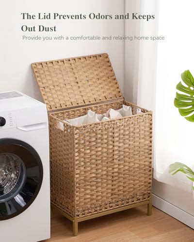 SETVSON Laundry Hamper with Lid, 112 L Handwoven Rattan Wicker Laundry Basket, 2 Removable Liner Bags Metal Heightened Feet, 6 Mesh Bags, 2 Section Large Clothes Hamper for Bathroom Bedroom, Natural - color: Natural, size: 112 L - 29.6 gal