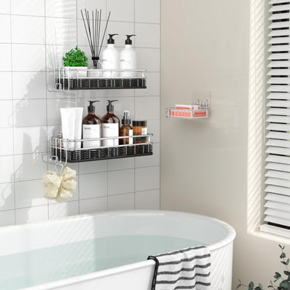 Shower Caddy 3 Pack, Adhesive Shower Organizer with Soap Dish and 4 Hooks, Rustproof Stainless Steel Shower Shelves, Wall Mounted No Drilling Storage Shelf Basket Accessories for Bathroom & Kitchen