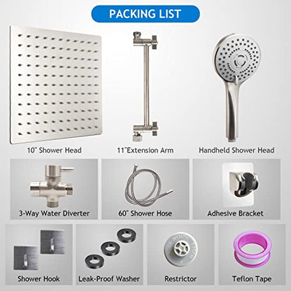 Shower Head Combo,10" Brushed Nickel High Pressure with 11" Extension Arm | Rain Shower Head with 5 Settings Handheld Shower Head Combo,Powerful Shower Spray Against Low Pressure Water - color: Nickel, size: 10" Showerhead Set
