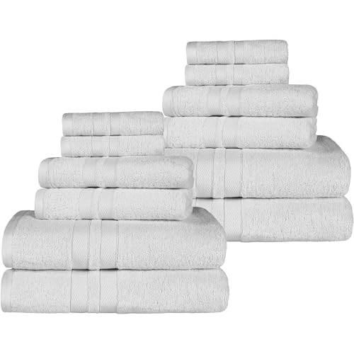Superior Ultra-Soft Cotton Towel Set, 4 Bath Towels, 4 Hand Towels, 4 Face Towels/Washcloths, Quick-Dry, Shower, Spa Basics, Essentials, Solid, Double Line Dobby Border, 12 Piece Set, Silver