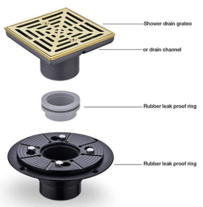 RANDOM Brushed Gold Shower Drain 4 inch Square Shower Drain with Adjustable PVC Base Flange,SUS304 Stainless Steel Shower Floor Drain with Removable Cover Grid Grate - color: B-brushed Gold-4″ Square With Base Flange