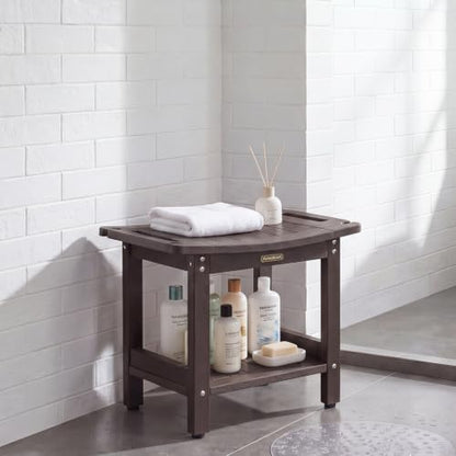 HDPS Shower Bench Waterproof Shower Chair Stool with Storage Shelf, Coffee | Heavy Duty Bathroom Bench Seat with Adjustable Feet, Anti-Rotting, No-Slip, Space-Save, No-Maintenance - color: Coffee