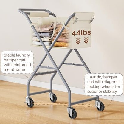 No-Bend Laundry Cart- Rolling Hamper with Locking Wheels & Handle, Foldable Basket Screw-Free Assembly, Durable Metal Frame & Removable Liner Bag for Bedroom & Bathroom (Beige) - color: Beige