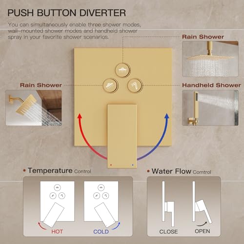 Gold Shower System, All Metal Dual Rain Shower Head with Handheld | 3-In-1 Push Button Valve and Trim Kit, Brushed Gold SUS304 10" Ceiling & 8" Wall Mount Heads, Bathroom Shower Faucet Set - color: Brushed Gold