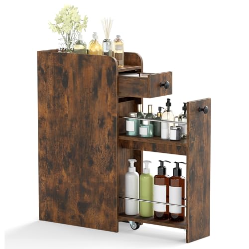 GIANTEX Slim Bathroom Storage Cabinet, Space-Saving Toilet Side Cabinet with Slide-Out Drawers on 3 Wheels, Freestanding Narrow Toilet Paper Holder for Living Room, Laundry Room (Rustic Brown) - color: Rustic Brown