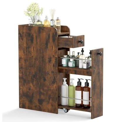 GIANTEX Slim Bathroom Storage Cabinet, Space-Saving Toilet Side Cabinet with Slide-Out Drawers on 3 Wheels, Freestanding Narrow Toilet Paper Holder for Living Room, Laundry Room (Rustic Brown) - color: Rustic Brown