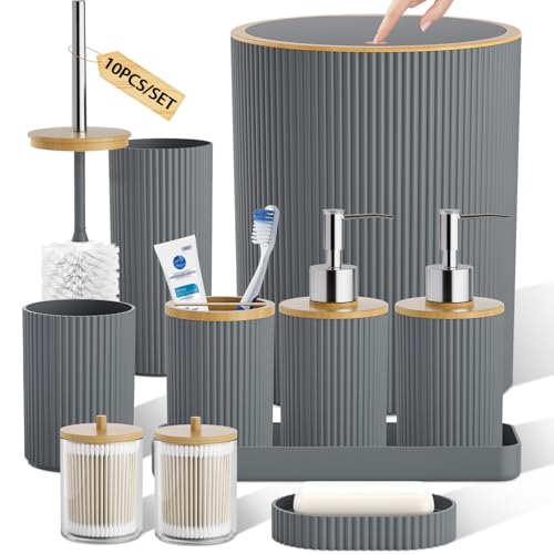 10PC Bathroom Accessories Set - Grey and Wooden Bathroom Sets, Bathroom Accessory Set with Pop Up Trash Can, Toilet Brush, Trash Can, Qtip Holder & Soap Dispenser - color: Grey & Wood, size: Bath Set