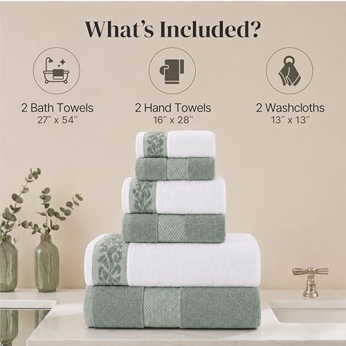 Modern Threads 600 GSM 6-Piece Towel Set with Filgree Jacquard Border Sage - color: Green, style: Jacquard Border