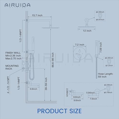 Airuida 3-Function Shower System with Tub Spout – Round Rainfall Shower Faucet Combo,Handheld Spray with 2 Functions,Includes Rough-In Valve with 360° Rotating Drain,12 Inch Shower Head,Brushed Nickel - color: Brushed Nickel, size: 12 Inch