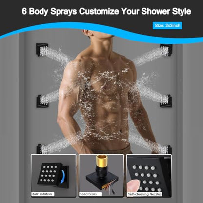 Full Body Dual Heads Rain Shower System with Jets Can Run Together | Matte Black 4-way Thermostatic Digital Shower Faucets Set, 12" + 6" Tilted Shower + 6 Body Sprays + Handheld - color: Matte Black, style: 12” + 6" + 6 Jets