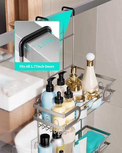 HapiRm Shower Caddy over Door- Hanging Shower Organizer with 14 Hooks and Soap Holder, Rustproof & Waterproof Stainless Steel Bathroom Shelf - Brushed Nickel - color: Brushed Nickel