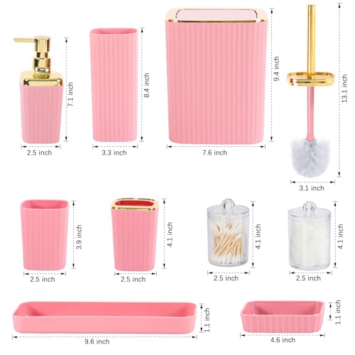 9 PCS Pink Bathroom Accessories Set with Trash Can Bathroom Accessory | All-in-One Kit with Trash Can,Toothbrush Holder,Soap Dispenser,Toothbrush Cup,Vanity Tray,Soap Dish,Toilet Brush etc for Home - color: Pink