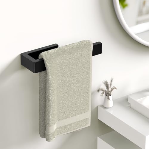 HUFEEOH Hand Towel Holder, Stainless Steel Bathroom Towel Holder Towel Bar, Matte Black Dish Towel Hanger Wall Mount Kitchen Towel Rack Heavy Duty Hand Towel Racks for Bathroom - color: Black, size: 8 Inch-Drilling