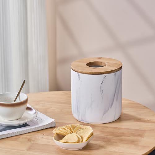 Polytree Marble White Mini Trash Can with Bamboo Lid,Small Countertop Trash Can,Desk Trash Can,Table top Mini Garbage Cans,Resin Tiny Waste Basket - color: Mini White