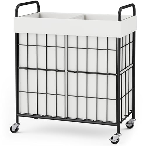100L 2-Section Laundry Hamper with Wheels, Laundry Basket with Liner Bag | Lockable Casters; Divided Removable Liner; Reinforced Steel Frame; Metal Handle - color: White, size: 100L-2 Sections