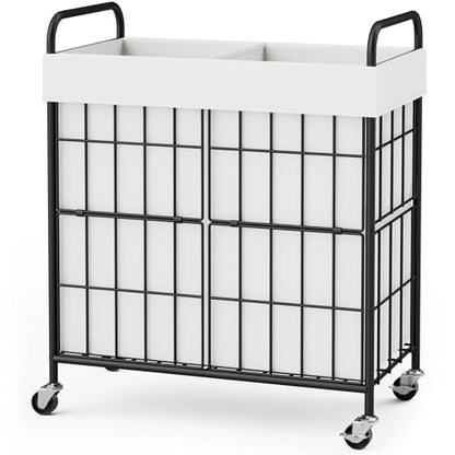 100L 2-Section Laundry Hamper with Wheels, Laundry Basket with Liner Bag | Lockable Casters; Divided Removable Liner; Reinforced Steel Frame; Metal Handle - color: White, size: 100L-2 Sections
