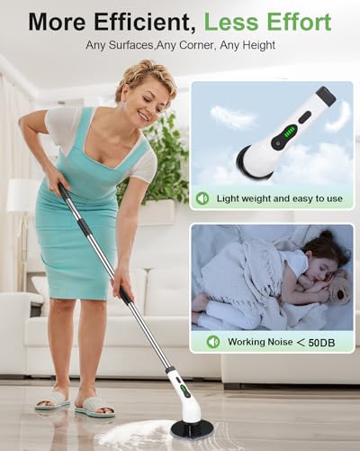 Cordless Electric Spin Scrubber, 9 Brush Heads, 2-Speed Motor | Floor cleaning, bathroom scrubber, tile floor scrubber, extension arm, IPX7 waterproof, tub, sink, grout, wet- dry vacuum - size: 9heads