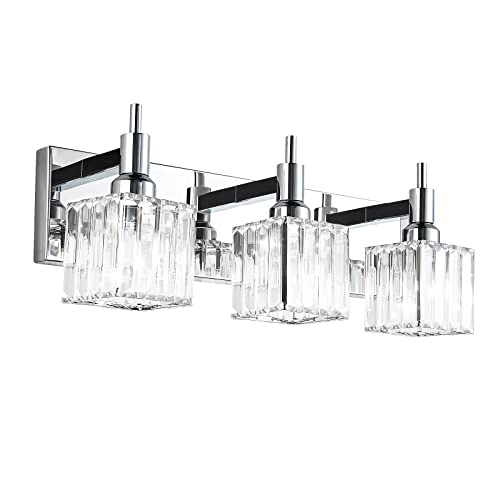 Modern Crystal Bathroom Vanity Light 3-Light Wall Light Fixtures Over Mirror Chrome Vanity Lighting for Bathroom Square Shade Wall Sconce - color: Chrome-Square Shade, size: 3-Light