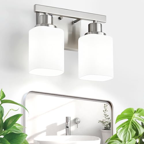 2 Light Brushed Nickel Vanity Light,Brushed Nickel Vanity Lights for Bathroom,Bathroom Light Fixtures Over Mirror,Wall Sconces for Living Room,Bedroom,Hallway(E26 Base) - color: Nickel, size: 2-Light