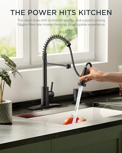 FORIOUS Black Kitchen Sink Faucet, Pull Down Sprayer, Classic High Arc | Lead-Free Stainless Steel, Single Handle Commercial Spring Kitchen Faucets for Laundry Utility Room, Outdoor Farmhouse Camper - color: Matte Black