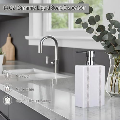 18 OZ Hand Liquid&Lotion Soap Dispenser Ceramic White Lotion Pump Bottle for Kitchen Bathroom Countertop Laundry Room Holds Dish Soap Shampoo Laundry Liquid Shower Gel(Inlaid Rhinestone) - color: White3
