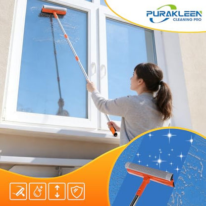 2-in-1 Window Squeegee with 62" Pole — Streak-Free & Sponge Scrubber | No ladder for high windows, skylights, shower doors, car & RV windshields, tile. Orange. Stainless pole sponge scrubber.