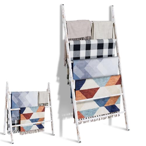 Delywh 6-Tier Wide Double Blanket Ladder Wood, Rustic Decorative Towel Rack for Big Blanket, Towel, Quilt, Clothes - Freestanding Blanket Holder Towel Ladder Decor Stand for Living Room, Bedroom