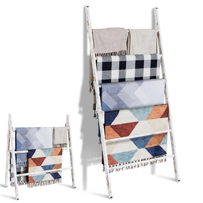 Delywh 6-Tier Wide Double Blanket Ladder Wood, Rustic Decorative Towel Rack for Big Blanket, Towel, Quilt, Clothes - Freestanding Blanket Holder Towel Ladder Decor Stand for Living Room, Bedroom