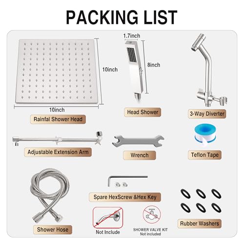 All Metal 10 Inch Rain Shower Head with Handheld Built-in Power Wash Mode, High Pressure Waterfall Rainfall Square Shower Heads with 16" Adjustable Extension Arm, Dual Showerhead(Brushed Nickel) - color: Brushed Nickel, size: 10 Inch