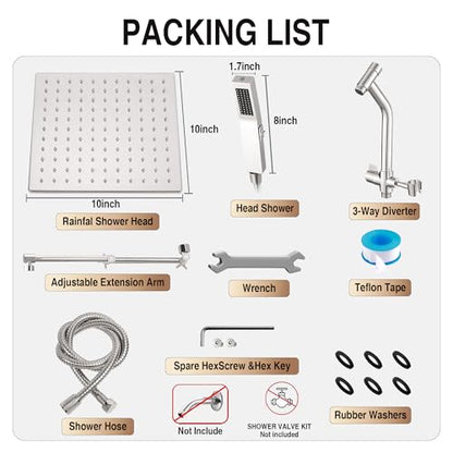 All Metal 10 Inch Rain Shower Head with Handheld Built-in Power Wash Mode, High Pressure Waterfall Rainfall Square Shower Heads with 16" Adjustable Extension Arm, Dual Showerhead(Brushed Nickel) - color: Brushed Nickel, size: 10 Inch