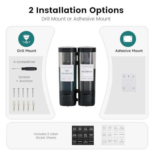 Wall Mounted Shower Soap Dispenser 2 Chamber No Drill Shampoo Dispenser | Shower Dispenser for Bathroom Hotel Leak-Proof Pumps ,Large Capacity ,Black - color: 2black