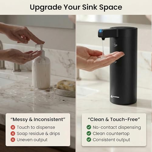 GentleJet SmoothDrop Automatic Liquid Soap Dispenser Touchless, No-Drip Precision Pump, USB-C Rechargeable, 304 Stainless Steel, Waterproof Countertop Dispenser for Kitchen & Bathroom Sink, 270 ml - color: Black