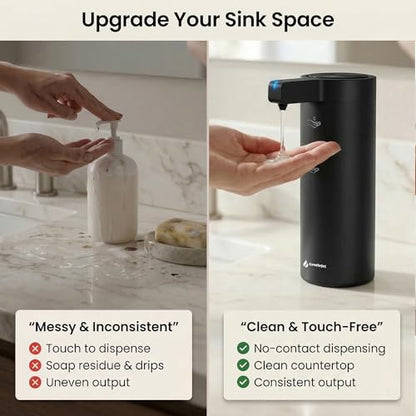 GentleJet SmoothDrop Automatic Liquid Soap Dispenser Touchless, No-Drip Precision Pump, USB-C Rechargeable, 304 Stainless Steel, Waterproof Countertop Dispenser for Kitchen & Bathroom Sink, 270 ml - color: Black