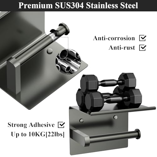 Tindbea Mega Size Toilet Paper Holder with Shelf + Towel Robe Hooks, Adhesive or Screw Wall Mounted Toilet Paper Roll Holder, Stainless Steel Bathroom Hardware Set (Polished Grey) - color: Polished Grey, size: Large