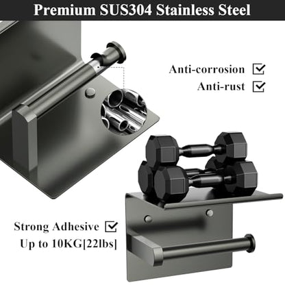 Tindbea Mega Size Toilet Paper Holder with Shelf + Towel Robe Hooks, Adhesive or Screw Wall Mounted Toilet Paper Roll Holder, Stainless Steel Bathroom Hardware Set (Polished Grey) - color: Polished Grey, size: Large