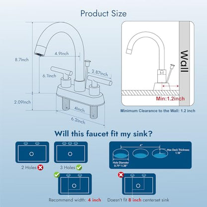 Bathroom Faucet with Lift Rod Drain,4 Inch Centerset 3 Hole,Brushed Nickel | Two Handle Lead-Free SUS304 Stainless Steel Bathroom Sink Faucet with Lift Rod Drain & Supply Lines for RV & Farmhouse - color: Brushed Nickel