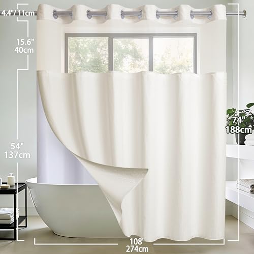 Extra Wide No Hook Waffle Weave Shower Curtain with Snap in Liner Set, 108" x 74" Hotel Luxury Beige Shower Curtains for Bathroom with See Through Top Window, Waterproof, Washable 108W x 74H - color: Waffle-beige, size: 108"W x 74"L (Pack of 1)