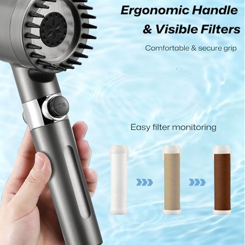 Filtered Handheld Shower Head for Hard Water, High Pressure with On/Off Switch, Detachable Showerhead with Long Hose, 2 Replacement Filters -Gun Grey