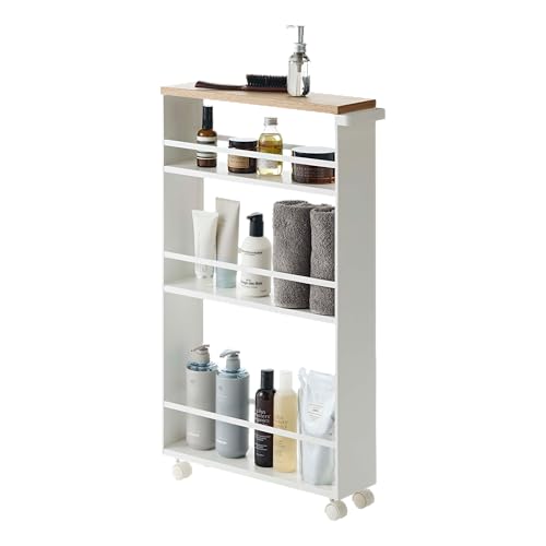 YAMAZAKI home Tower Rolling Slim Storage Cart With Handle White | Narrow kitchen storage cabinet with built-in handle. Slim rolling storage cart with wheels. Easy assembly. Keeps items tidy. - color: White