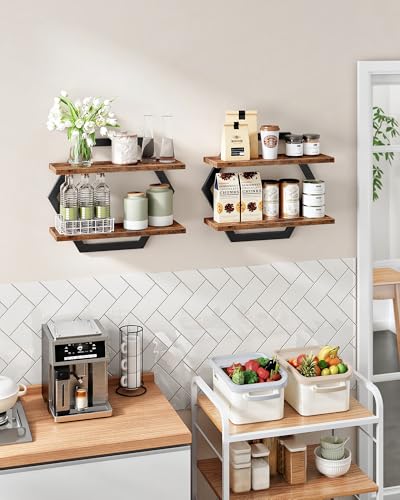 Hexagon Floating Shelves for Wall, Set of 2, 2 -Tier Hanging Shelves, Wall Mounted Storage Shelves, for Living Room, Bedroom, Kitchen, Home Office, Study, Rustic Brown and Black TBJ06P2BF - color: Rustic Brown + Black