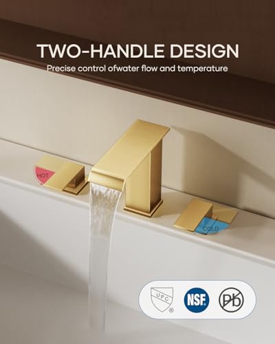 AVSIILE Waterfall Bathroom Faucet 3 Hole, Brushed Gold 8 Inch Widespread Modern 3 Piece Bathroom Sink Faucets & Parts, Touch On Lavatory Faucet for Bathroom Vanity - color: Brushed Gold, style: Straight Spout