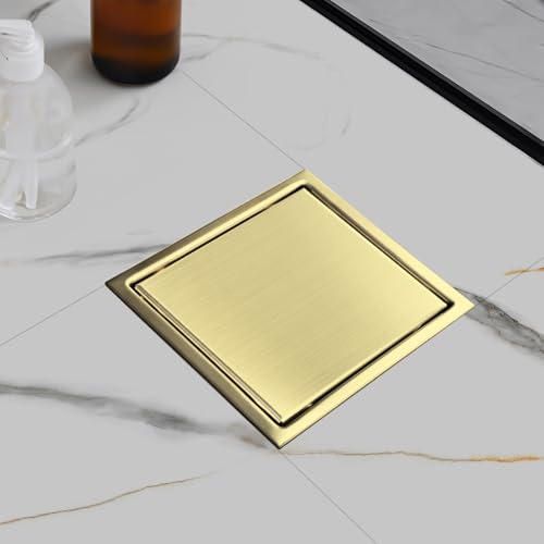Gold Shower Floor Drain 6 inch with Flange, Square Shower Drain with 2 in 1 Tile-Insert Cover, SUS 304 Stainless Steel, Brushed Gold - color: Brushed Gold, size: Ultra flat surface