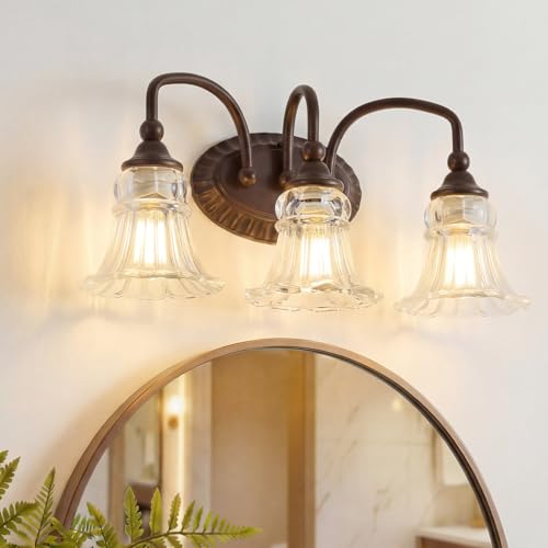 3-Light Vintage Bathroom Light Fixtures, Oil Rubbed Bronze | Vanity Lights Over Mirror with Floral Glass Shade for Bathroom Powder Room, Living Room Hallway - color: Oil-Rubbed Bronze, size: 3-light