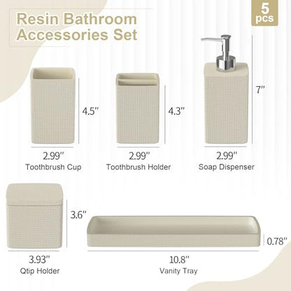 Beige Bathroom Accessories Set 5 Pieces, Resin Toothbrush Holders Set Complete with Soap Dispenser, Toothbrush Holder, Vanity Tray, Bathroom Tumbler and Qtip Holder for Small Spaces - size: 5 Pcs Bathroom Set, style: Beige