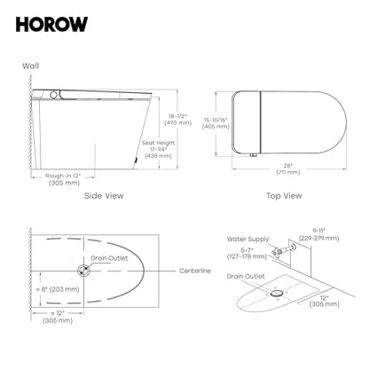 HOROW Non-Electric Bidet Toilet with Auto Flush, Tankless One-Piece Toilet with Powerful Flush, 1.22 GPF Water Saving, Battery Operated, No Rewiring, Suitable for No Outlet Bathrooms, 12" Rough-In