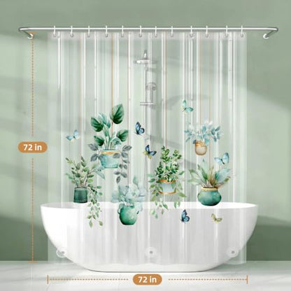 Clear Potted Plant Shower Curtain Liner, Green Plastic Transparent Pretty Shower Curtains for Bathroom, 72x72 Weighted Magnetic Shower Curtain Set with 12 Hooks - color: Clear Potted Plant, size: 72"W x 72"L (Pack of 1)