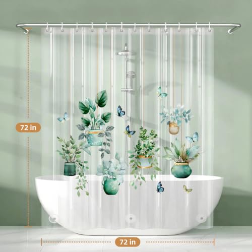 Clear Potted Plant Shower Curtain Liner, Green Plastic Transparent Pretty Shower Curtains for Bathroom, 72x72 Weighted Magnetic Shower Curtain Set with 12 Hooks - color: Clear Potted Plant, size: 72"W x 72"L (Pack of 1)
